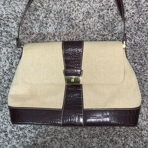Etienne Aigner Linen and Faux Leather Croc Embossed Shoulder Bag/Purse Tan/brown